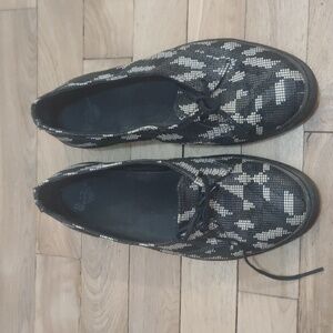 Dr. Martens Black Gray and White Print Slip On One-Hole Oxford Shoes